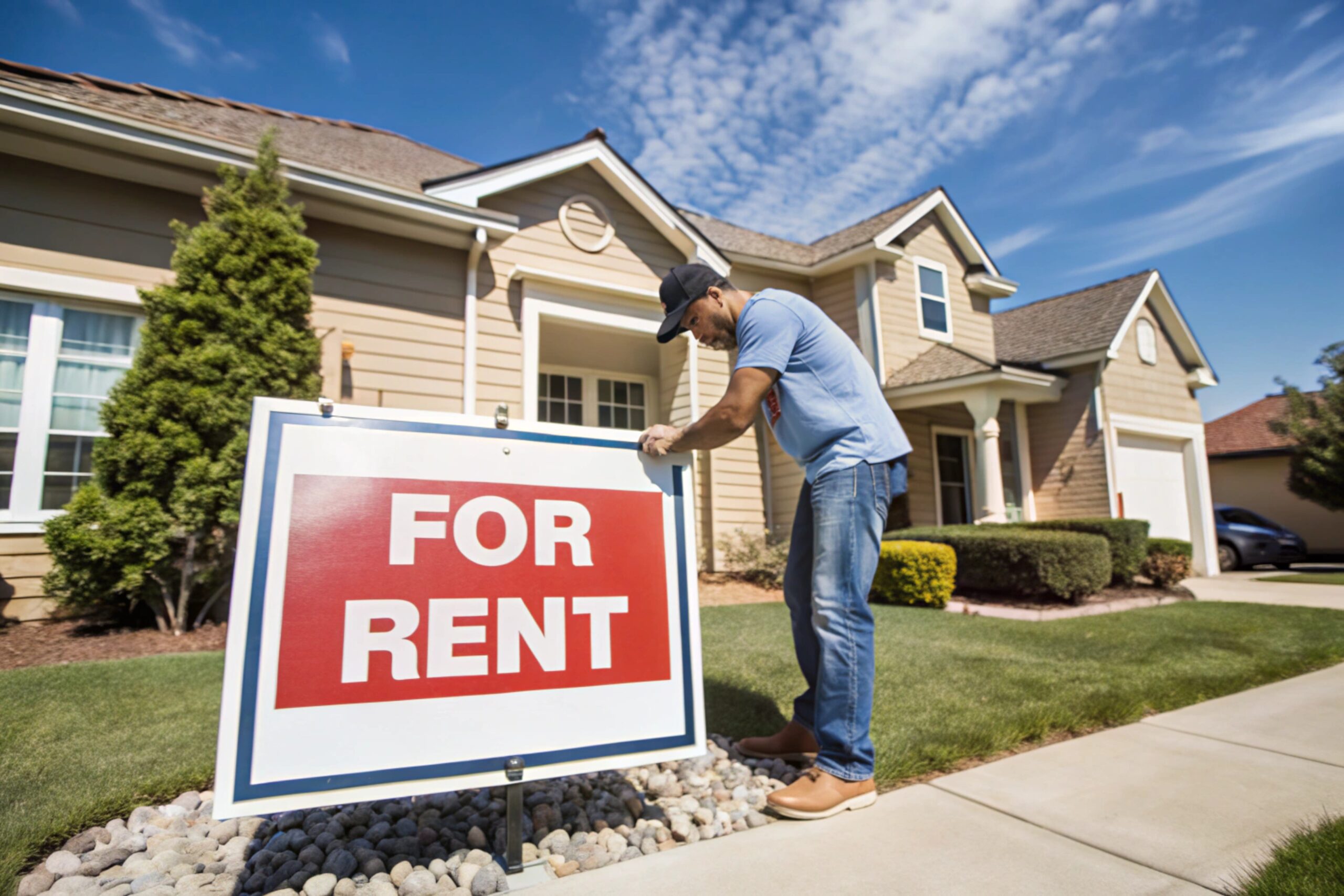 Installing Real Estate For Rent Sign Outside Home for Listing rental real estate appraisal in Tampa Bay, Fl
