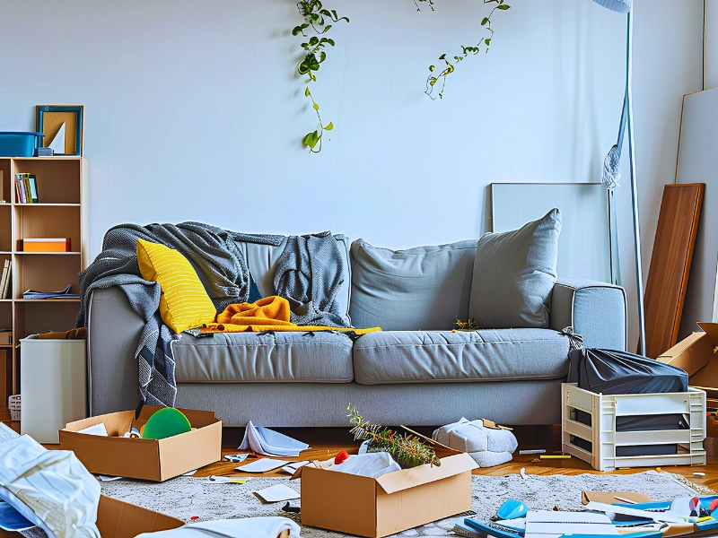 Blog 2 Messy living room couch surrounded by scattered boxes and clutter.