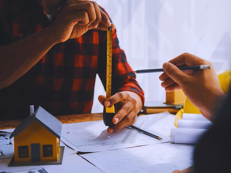 Blog 4 Architect measuring blueprints with tape measure during home construction planning.