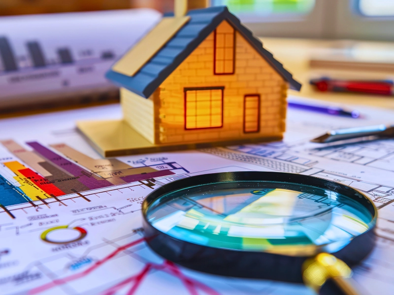 Blog 3 Miniature house model, magnifying glass, and charts on desk.