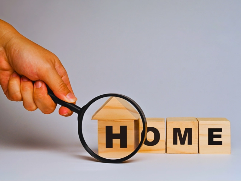 Blog 5 Hand holding magnifying glass over wooden blocks spelling out HOME.